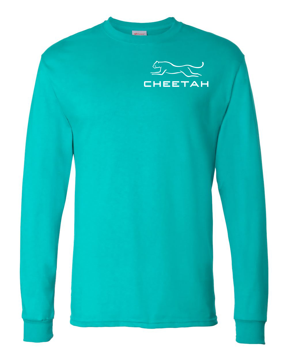 Athletic Teal Cheetah 100% Quality Cotton Long Sleeve (Left Chest)