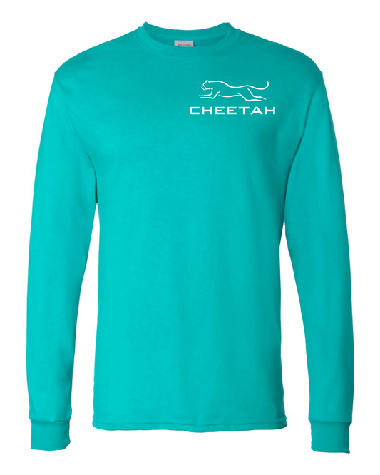 Athletic Teal Cheetah 100% Quality Cotton Long Sleeve (Left Chest)
