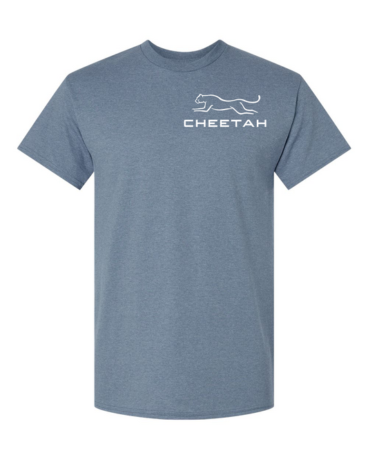 Heather Indigo Cheetah 100% Quality Cotton Short Sleeve (Left Chest)