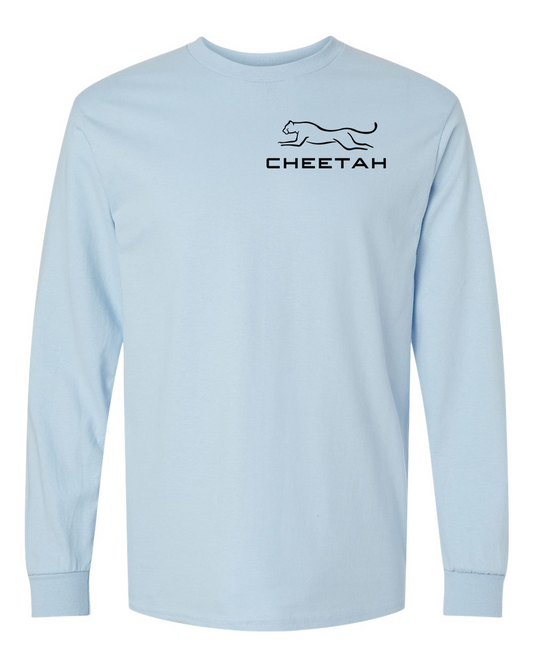 Light Blue Cheetah 100% Quality Cotton Long Sleeve (Left Chest)
