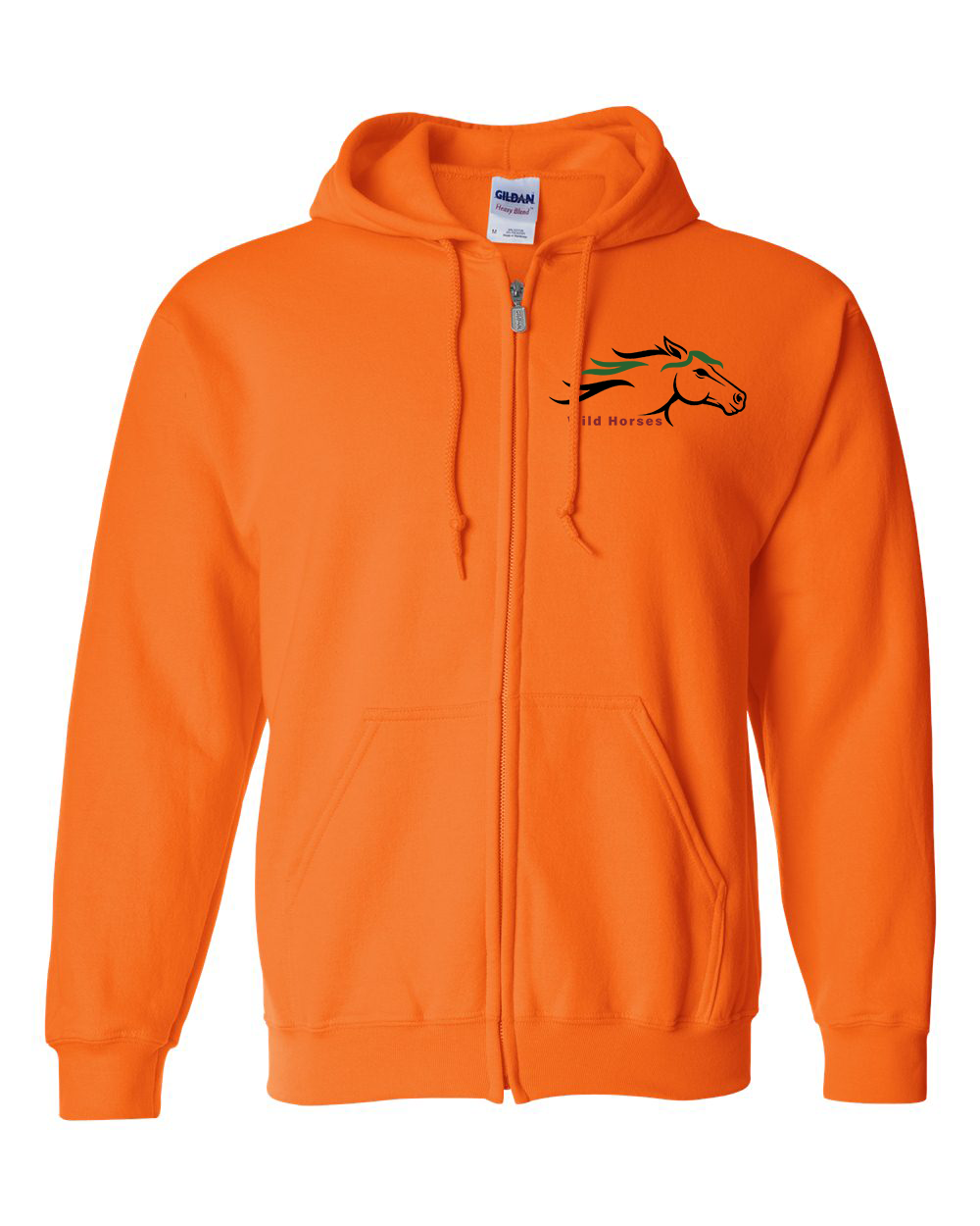 Safety Orange Wild Horses 100% Quality Cotton Full-Zip Hoodie